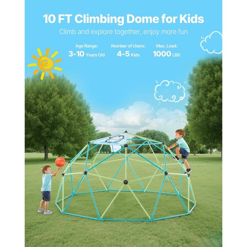 10FT Kids Climbing Dome Jungle Gym Outdoor Playset with Basketballs and Net for Ages 3-10 - 120 x 120 x 60 in
