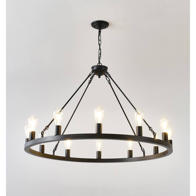 39.4 Inch Black Extra Large Wagon Wheel Chandelier,12-Lights Industrial Round Ceiling Pendant Adjustable Chain-E26