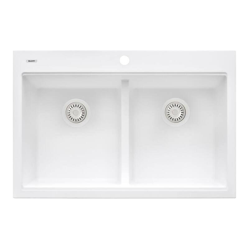 Ruvati 33 x 22 inch epiGranite Drop-in TopMount Granite Composite Double Bowl Low Divide Kitchen Sink - Arctic White - RVG1385WH