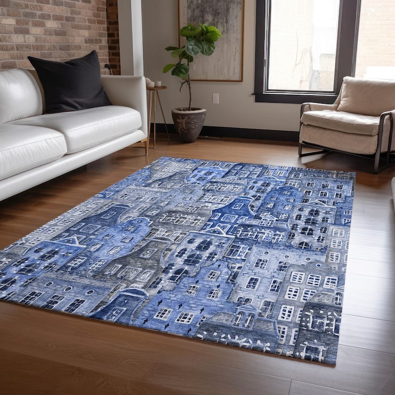 Machine Washable Indoor/ Outdoor Chantille Modern City Rug - Blue - 3' x 5'