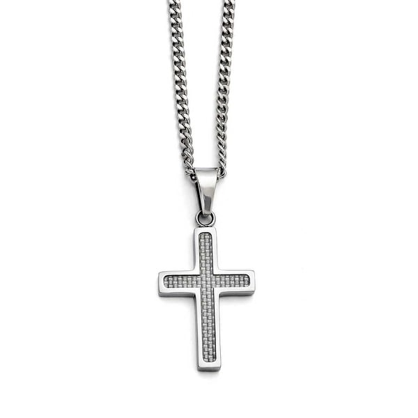 Chisel Stainless Steel Polished Grey Carbon Fiber Small Cross Necklace (3 mm) - 20 in