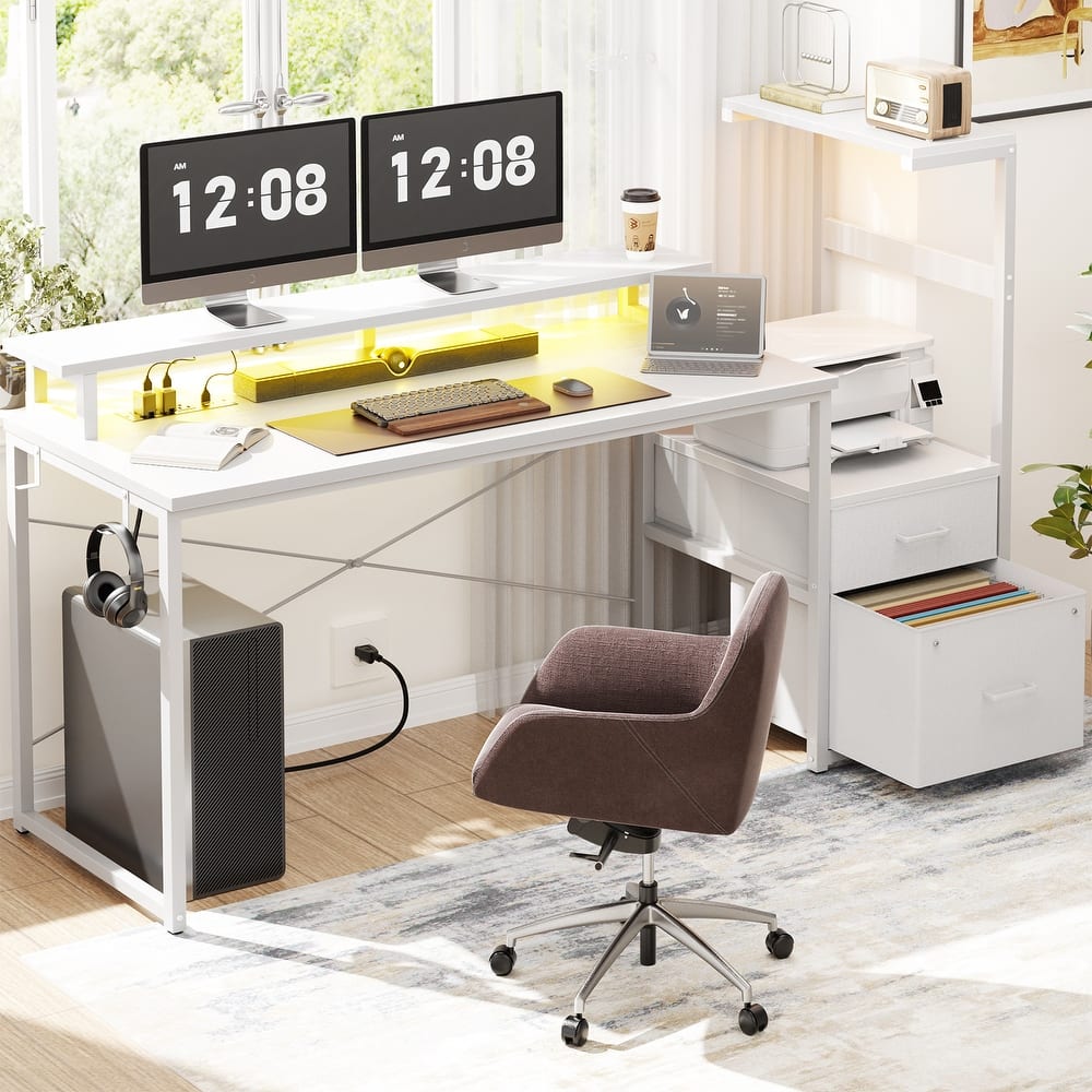 60'' Reversible Gaming Desk with Monitor Stand & Fabric Drawers，Home Office Computer Desk with RGB LED Strip & Power Outlets