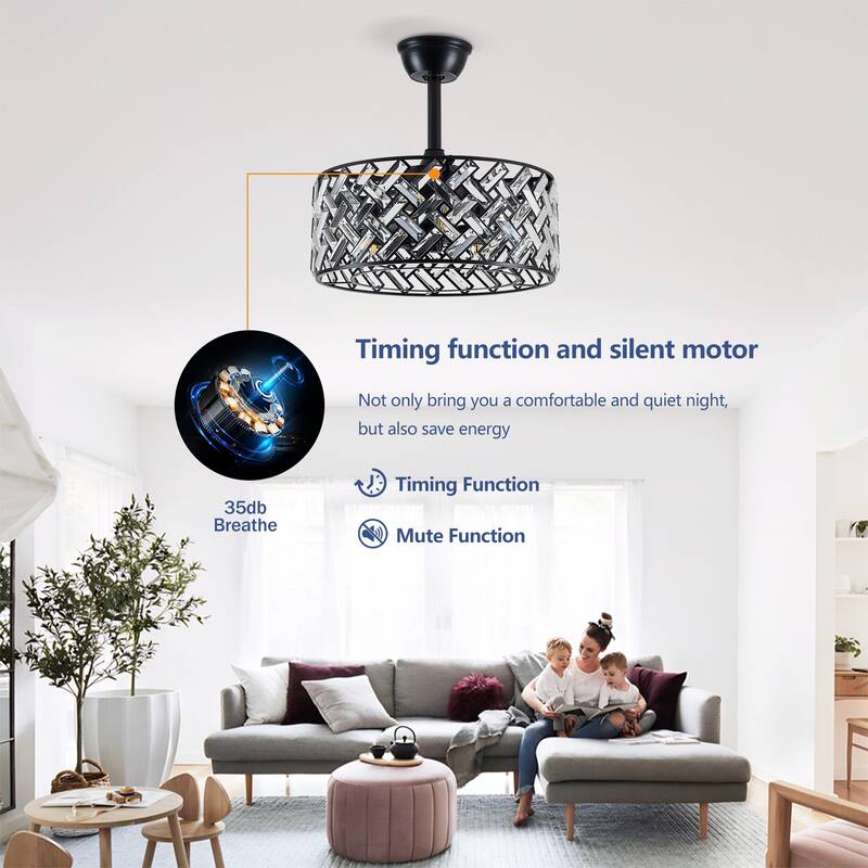 18" Crystal Cage Ceiling Fan With Remote Control ,Quiet Motor Fan Light,Indoor Crystal Chandelier Ceiling Fan