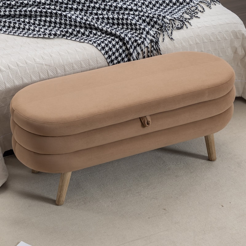 Velvet Fabric Storage Bench With Wood Legs For Living Room Bedroom