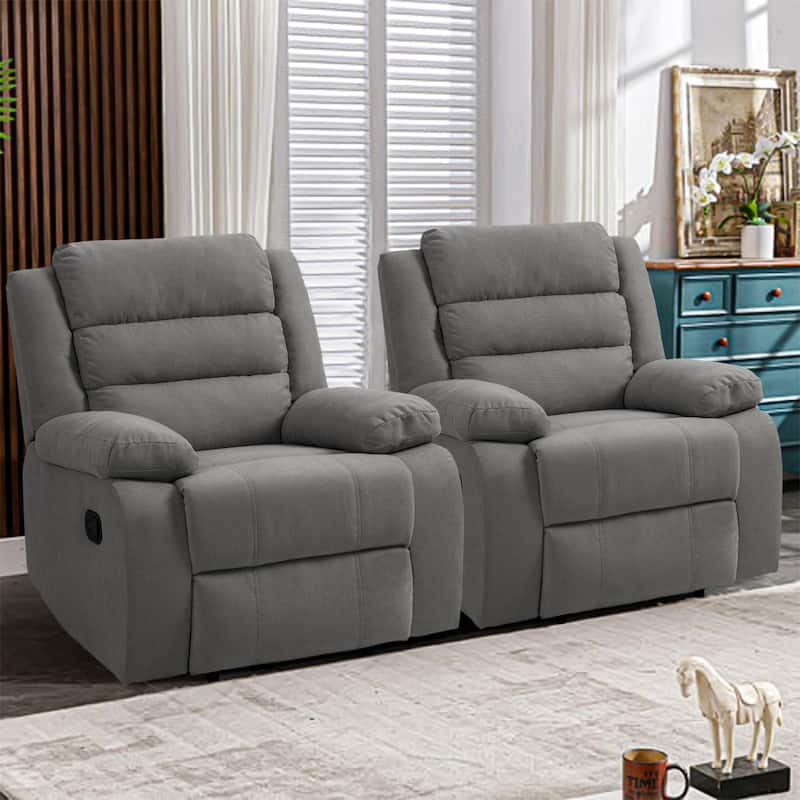 Overstuffed Cotton Corduroy Manual Pushback Recliner with Wide Armrest - Grey/2-Piece