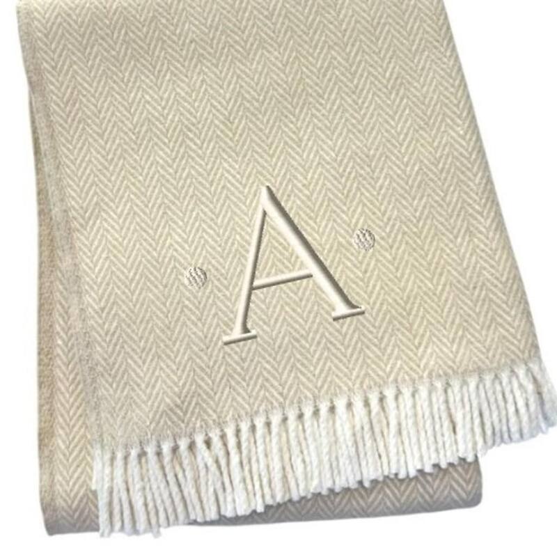 HomeRoots 55" X 70" Linen And White Herringbone Cotton Blend A Initial Throw Blanket with Tassels And Embroidery