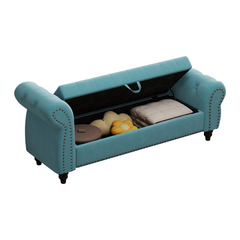 64.5" Storage Bench for Bedroom, Large Capacity Upholstered Ottoman, End of Bed Tufted Chaise Lounge with Rolled Arm