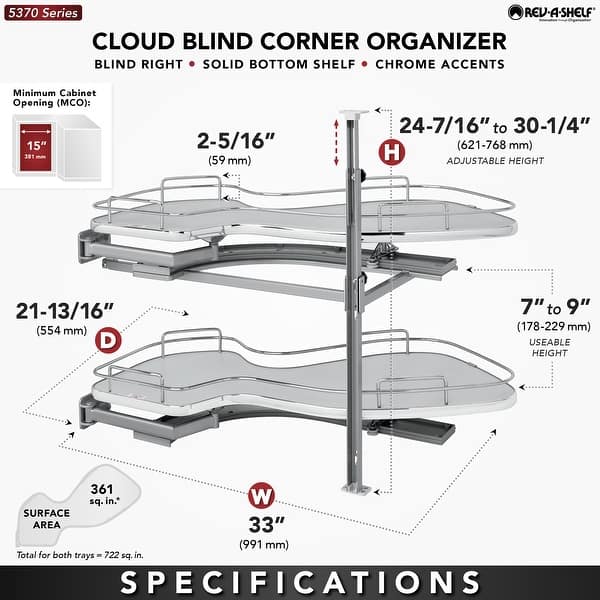 dimension image slide 0 of 2, Rev-A-Shelf 5372 Series Left Handed Pull Out 2 Tier Blind Corner