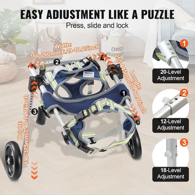 VEVOR 2 Wheels Dog Wheelchair for Back Legs, Dog Cart/Wheelchair for Injured, Disabled, Paralysis, Hind Limb Weak Pet