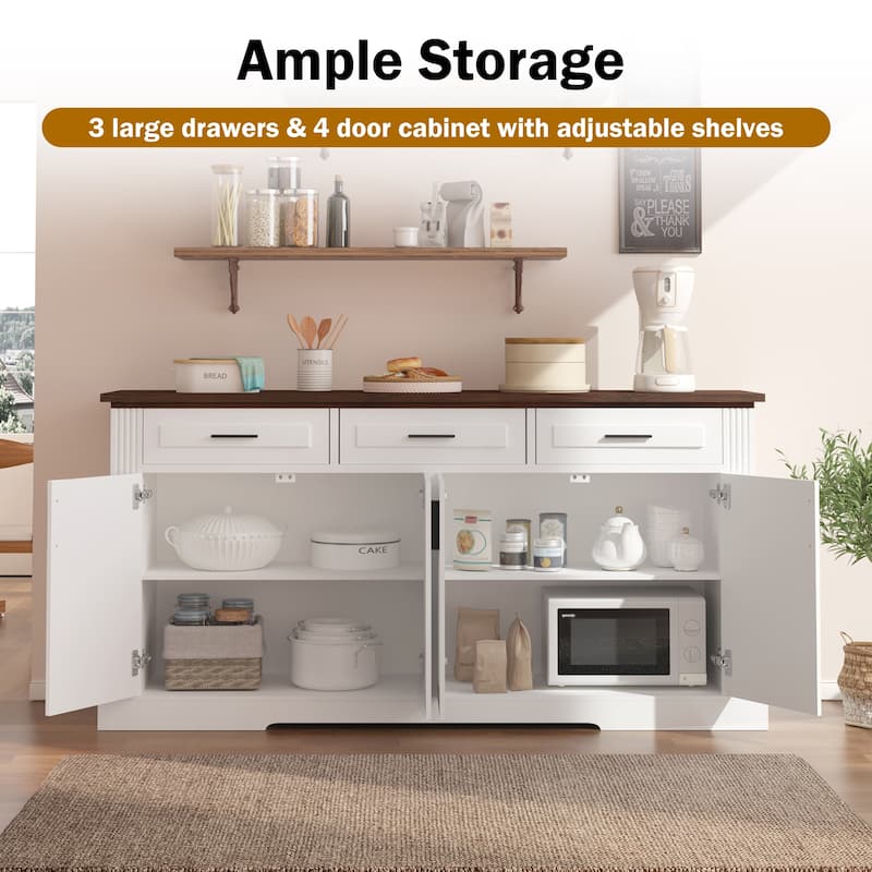 63" Fluted Sideboard Buffet Cabinet, Farmhouse Kitchen Storage Credenza with 4 Doors & 3 Drawers, Coffee Bar Console Table