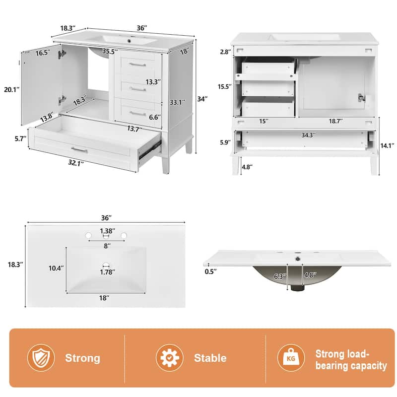 36" Bathroom Vanity with Ceramic Sink,Solid Pine Frame