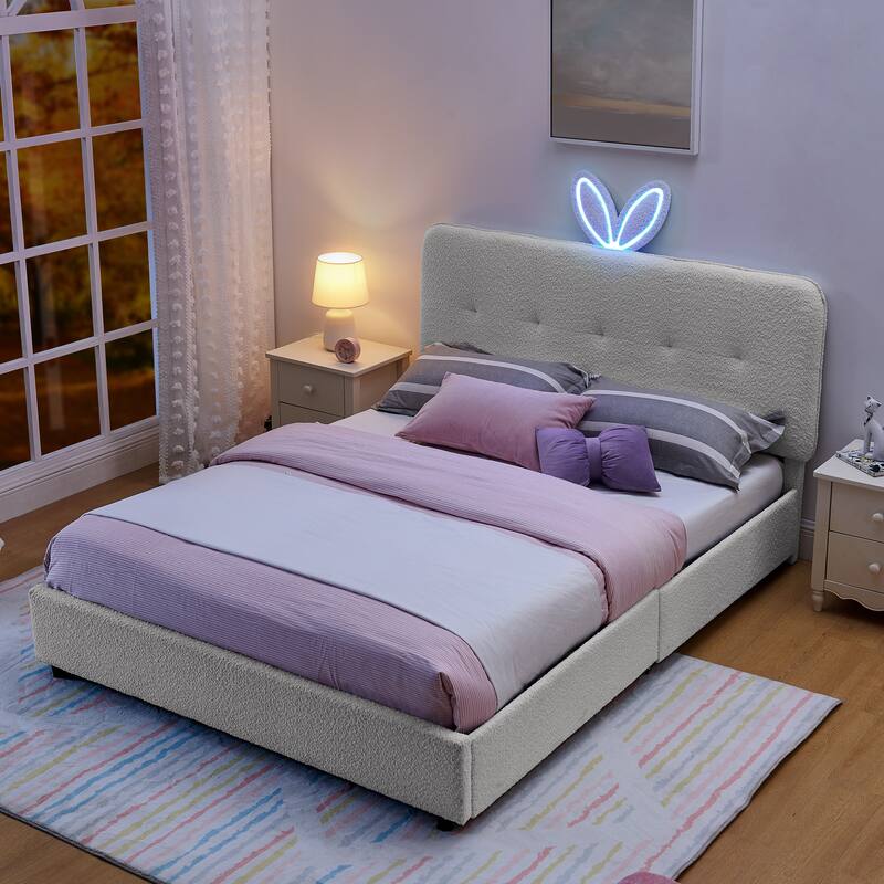 Queen Size Boucle Upholstered Bed with Rabbit Ear Headboard, LED Music Sync & 4 Drawers