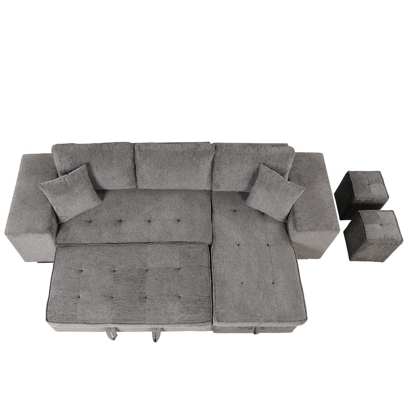 104" Modern L-Shape 3 Seat Reversible Sectional Couch, Pull Out Sleeper Sofa with Storage Chaise and 2 Stools