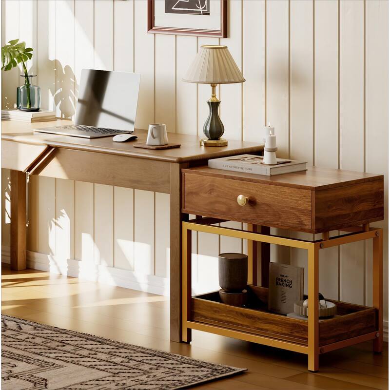 End Table with Drawer and Open Shelf, 2 Tiers Sofa Side Table, with Gold Metal Frame for Living Room