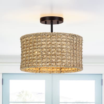 13.6 in. 2-Light Natural Rattan Semi-Flush Mount Ceiling Light with Black Canopy - Black/earthy - 13.6 in. W - 13.6 in. W
