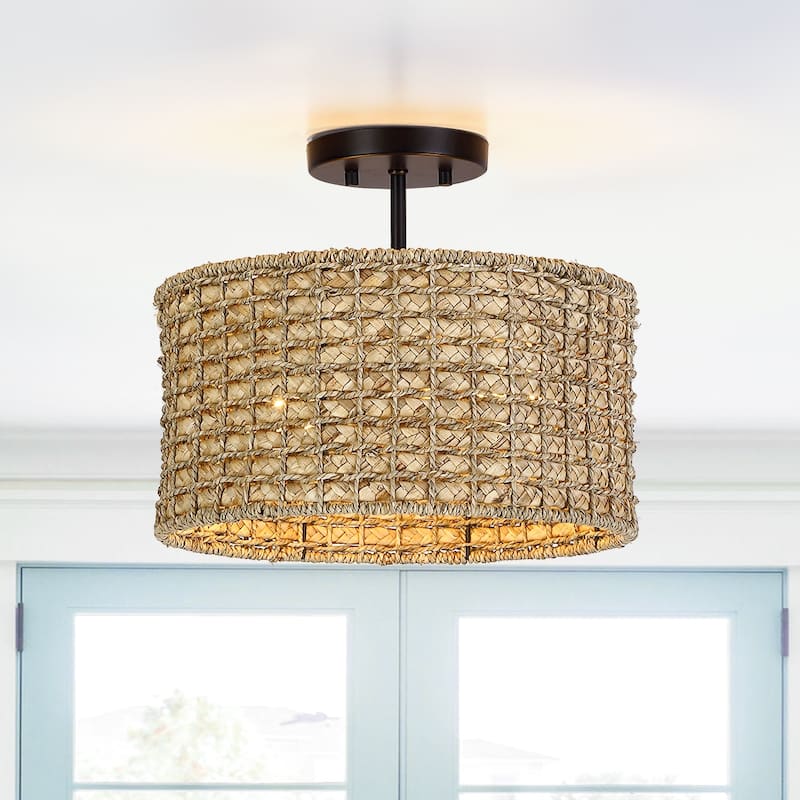 13.6 in. 2-Light Natural Rattan Semi-Flush Mount Ceiling Light with Black Canopy - Black/earthy - 13.6 in. W - 13.6 in. W - 13.6 in. W