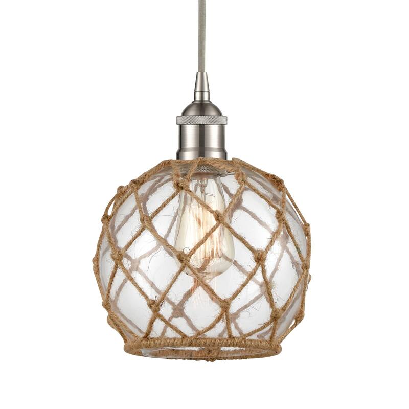 Innovations Lighting 616-1P-11-8 Farmhouse Pendant Farmhouse 8" Wide - Brushed Satin Nickel / Clear Glass / Brown Rope