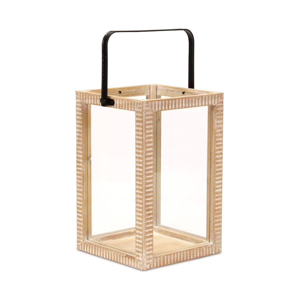 Ridged Rectangular Wooden Tabletop Lantern - 16"