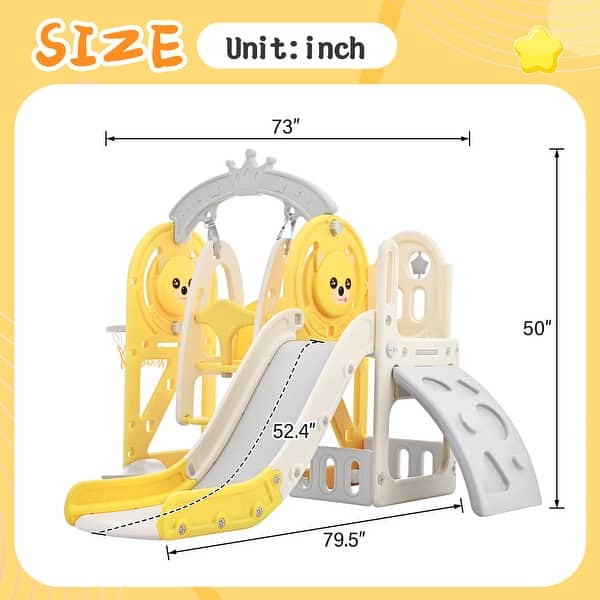 dimension image slide 2 of 3, 5-in-1 Toddler Slide Swing Set Outdoor Indoor Playground Slide Playset With Climber Basketball Hoop
