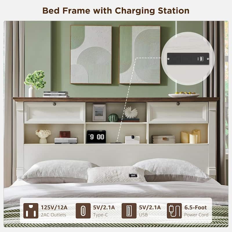 Farmhouse King Size Bed Frame with 54" Tall Storage Bookcase Headboard