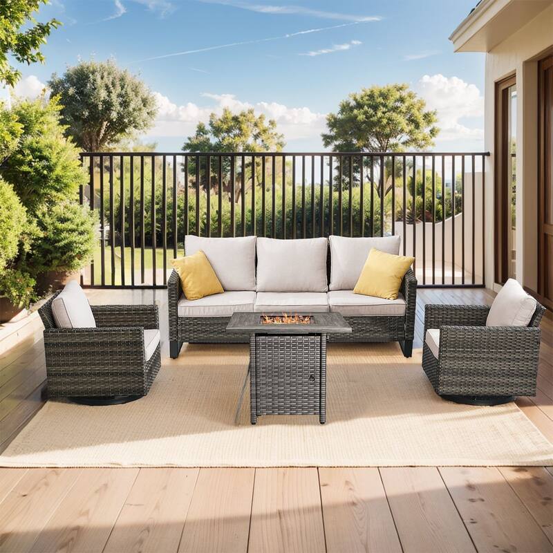 Outdoor Pocassy Sofa Chairs Set with Fire Table - Grey Wicker Beige Cushion - 4 Pieces