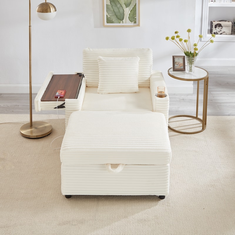 Fluffy Corduroy Lazy Sofa Chaise Lounge with Accent Chair, Storage Ottoman, Folding Table Board, Cup Holder and USB