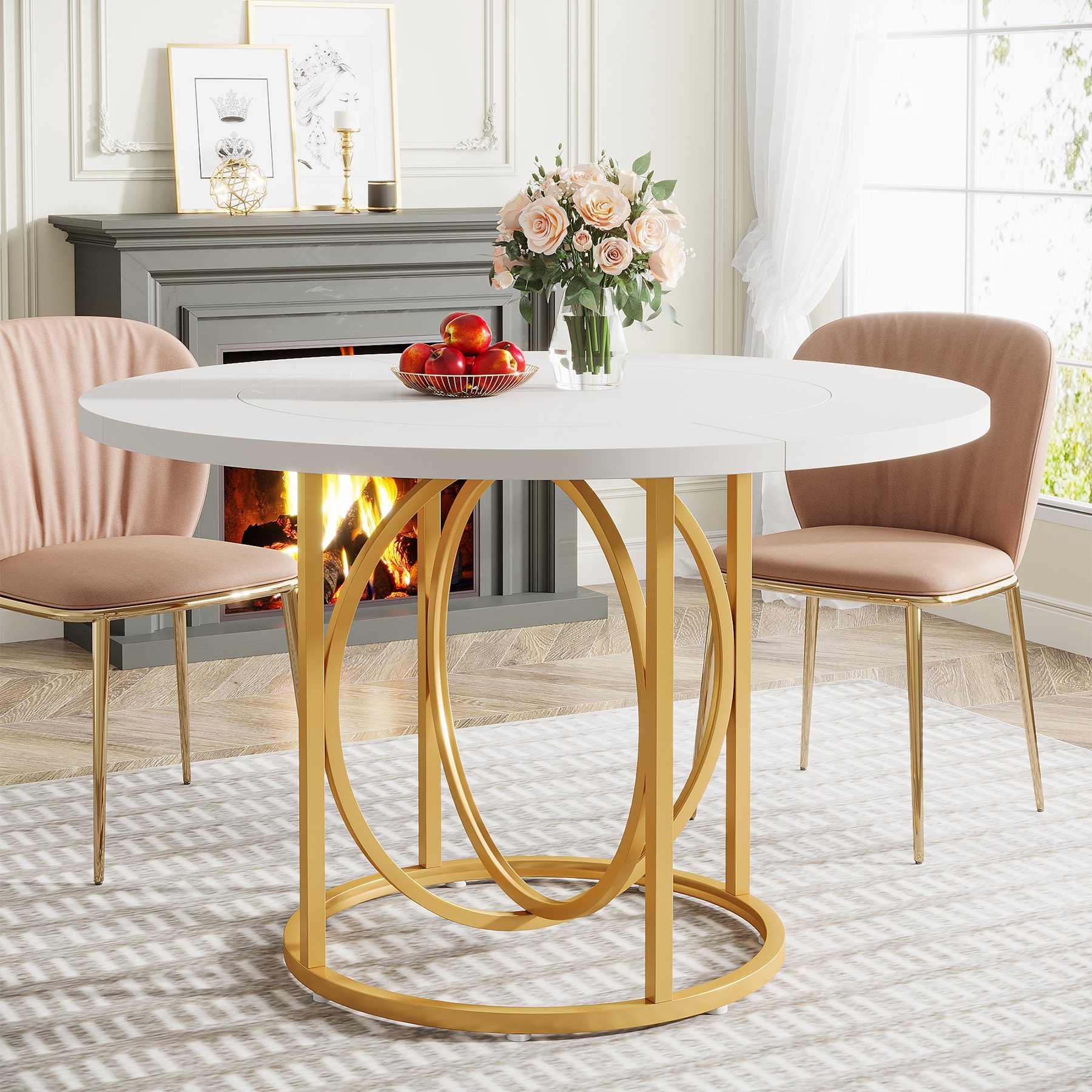 Round Dining Table for 4 White and Gold Kitchen Table Dinner