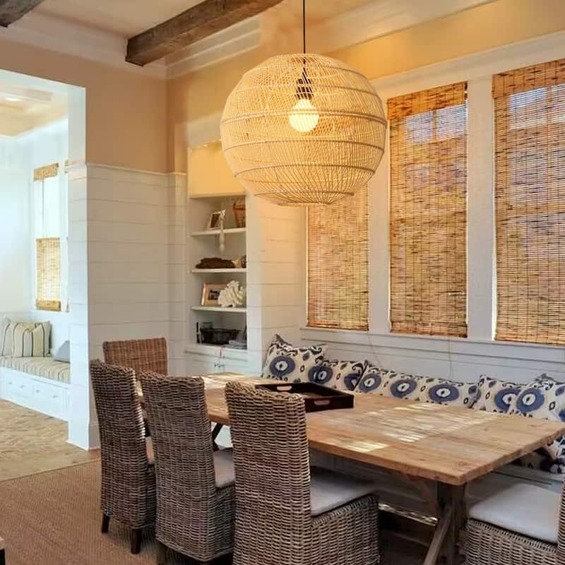 1-Light Globe Chandelier with Rattan Shade, No Bulbs Included