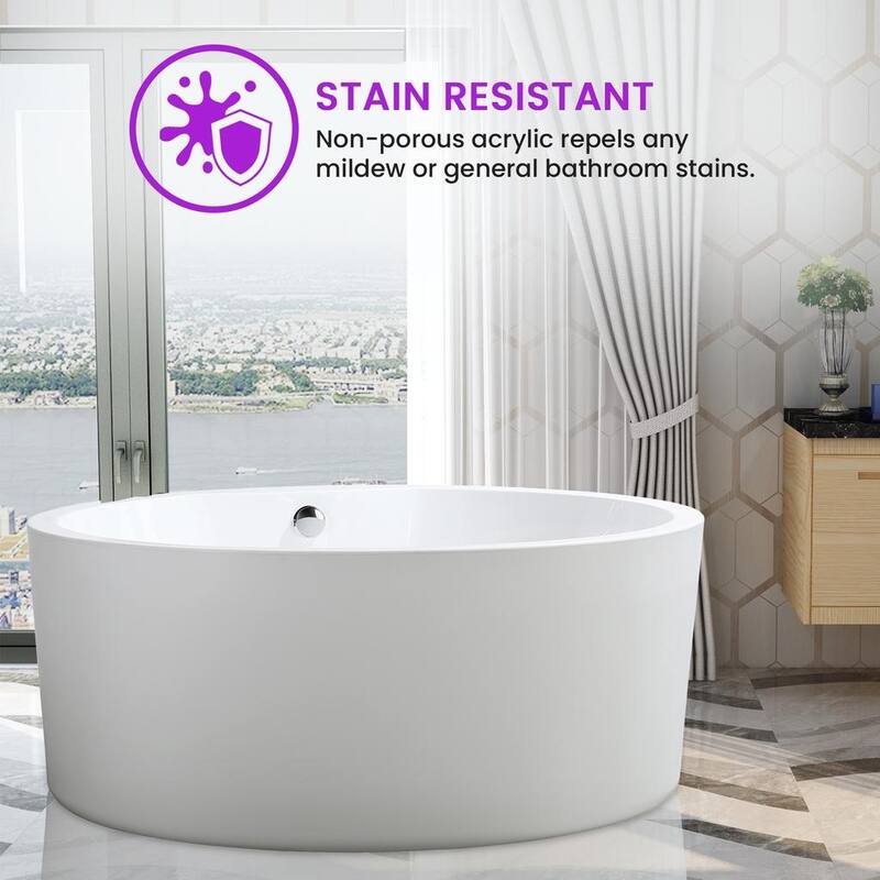 Vanity Art 59-Inch Freestanding Acrylic Bathtub Modern Stand Alone Soaking Tub with Chrome Finish Overflow & Pop-up Drain