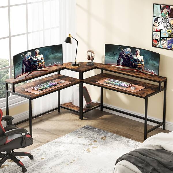slide 1 of 7, 63 Inch Large Corner Computer Desk Study Writing Workstation Rustic