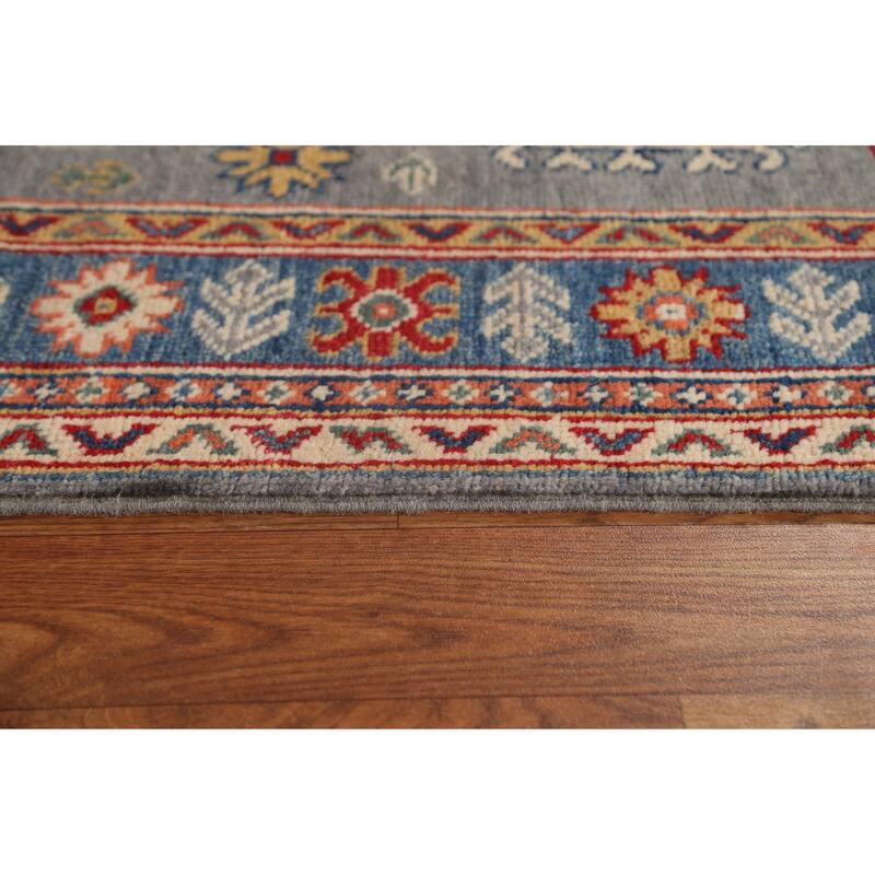 Traditional Geometric Kazak Oriental Grey Wool Runner Rug Hand-knotted - 2'8" x 9'9"