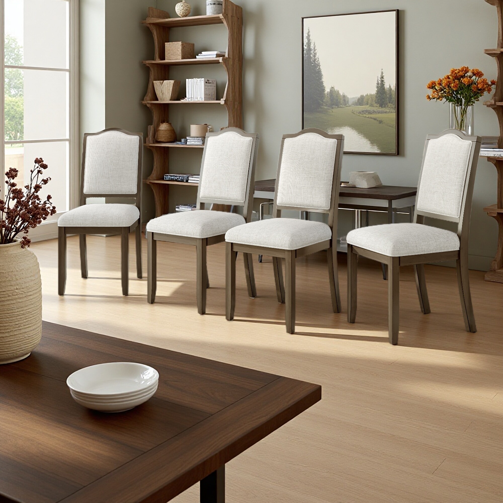 39"H Set of 4 Linen Upholstered Dining Chairs with Curved High Backrest and Solid Rubberwood Legs, Upholstered Side Chairs