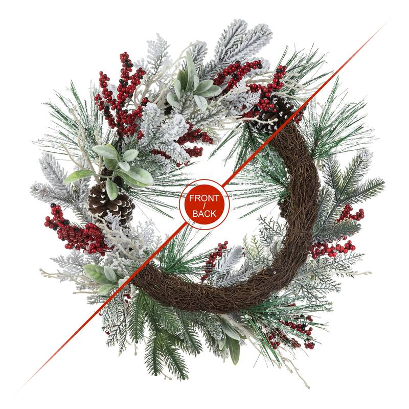 Glitzhome Artificial Christmas 5-Piece Set, 4ft Snow Flocked Artificial Potted Trees, Pinecone Berry Wreath and Teardrops