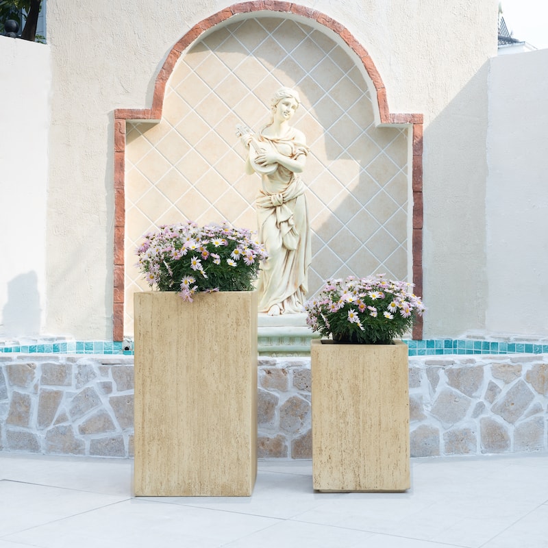 Christopher Knight Home - Travertine MGO Handmade Rectangle Planter Box, Durable Outdoor Garden Pot with Drainage - set of 2 - Antique Brown