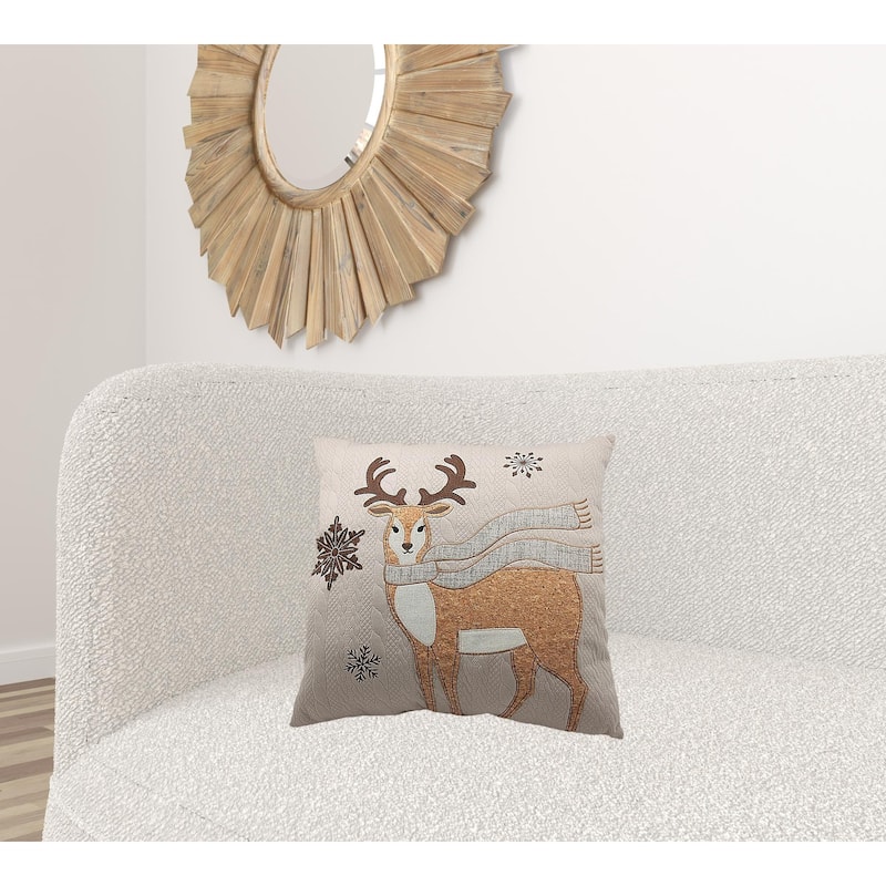 18" X 18" Beige and Brown Deer Christmas Reindeer Polyester Zippered Pillow