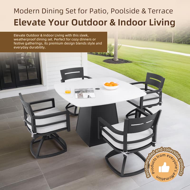 Outdoor Modern Patio Squircle 44"x44" Dining Table,White Marble-Inspired Sintered StoneTop,Flared Pyramid Aluminum Base