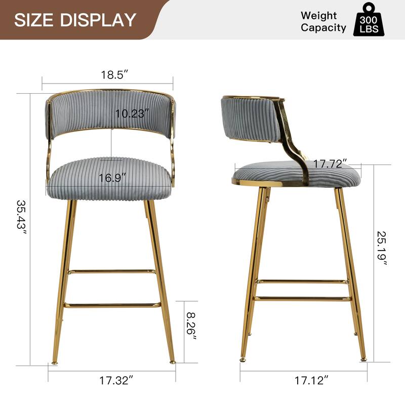 Counter Height Bar Stools Set of 2, Corduroy Upholstered Bar Chairs with Backrest, Kitchen Island Chairs with Footrest
