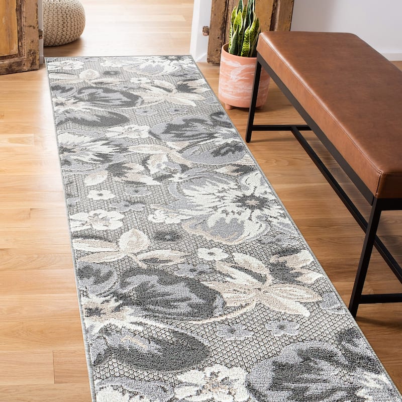Bergamo Contemporary Floral Indoor/Outdoor Area Rug - 2'x7' Runner - Gray