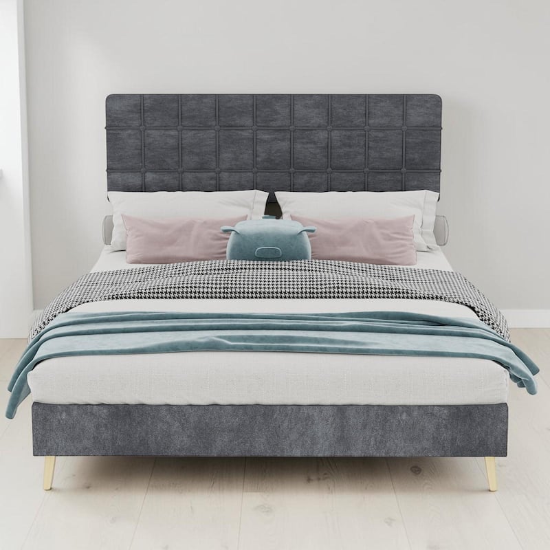 Queen Upholstered Bed Frame with Soft Headboard, Velvet Platform Bed with Wood Legs Modern Design - Grey - Queen