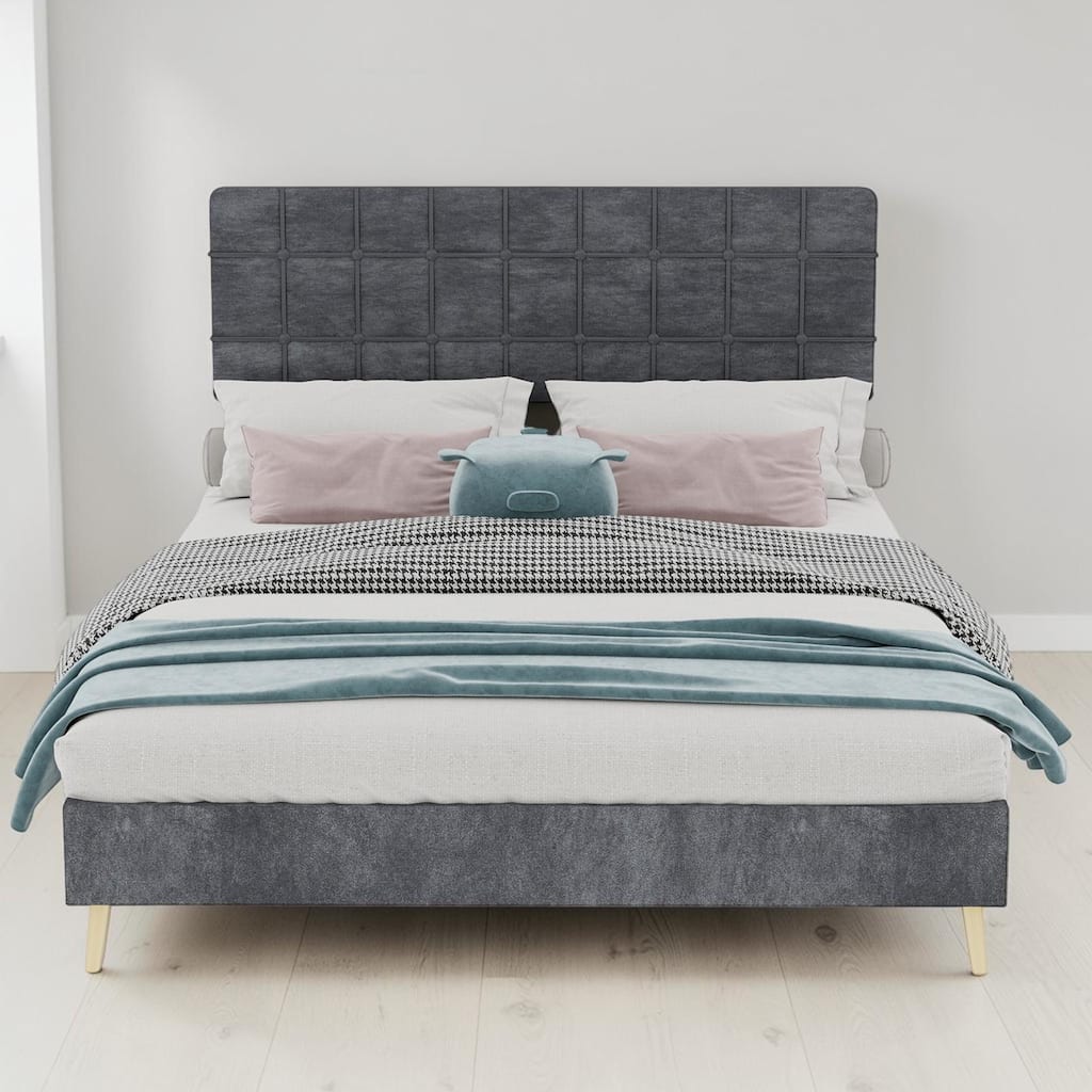 Queen Upholstered Bed Frame with Soft Headboard, Velvet Platform Bed with Wood Legs Modern Design