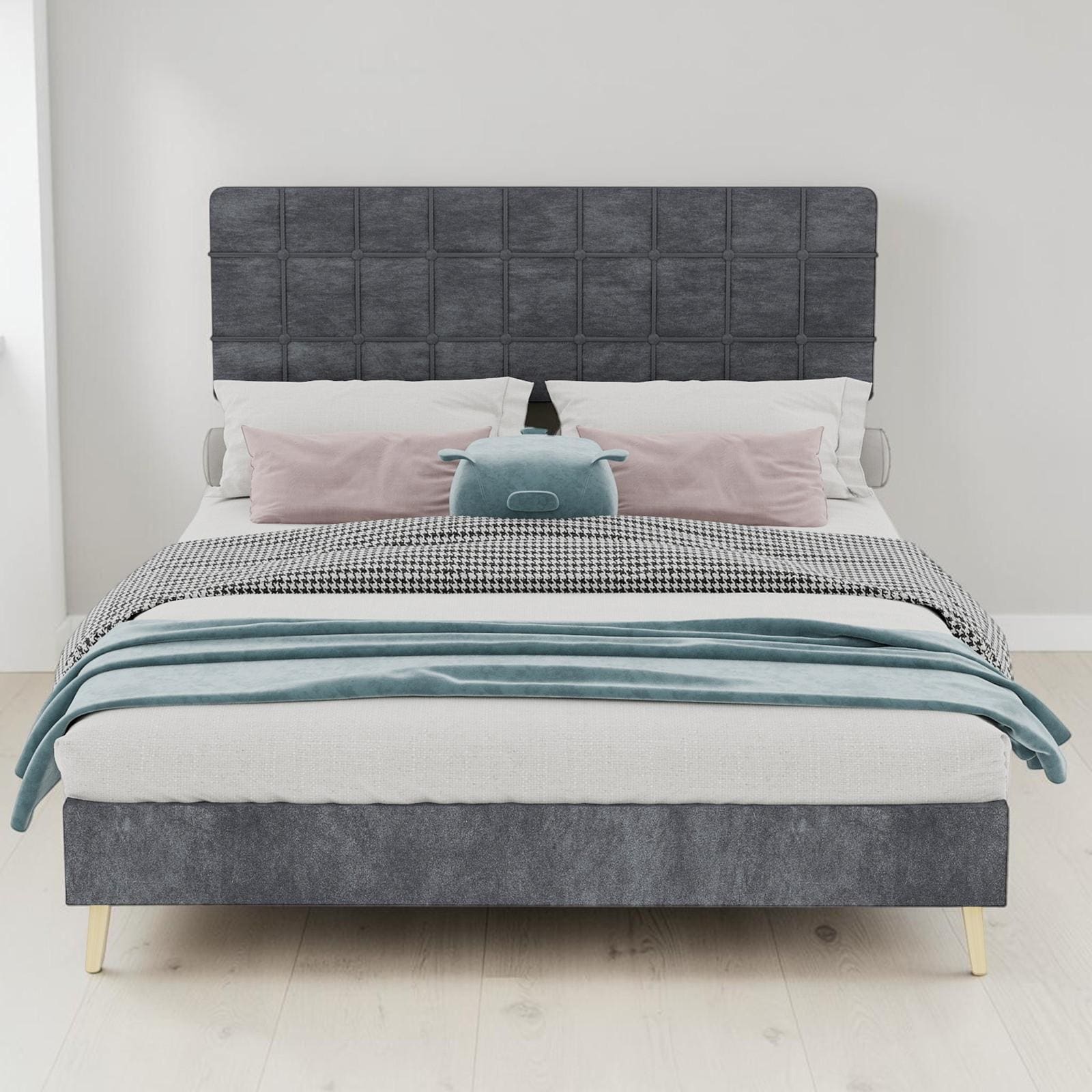 Queen Upholstered Bed Frame with Soft Headboard, Velvet Platform Bed with Wood Legs Modern Design