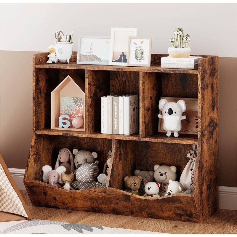 Toy Bookshelf and Bookcase, Multi Shelf with Cubby Organizer Cabinet for Storage Books and Toys - Retro Brown