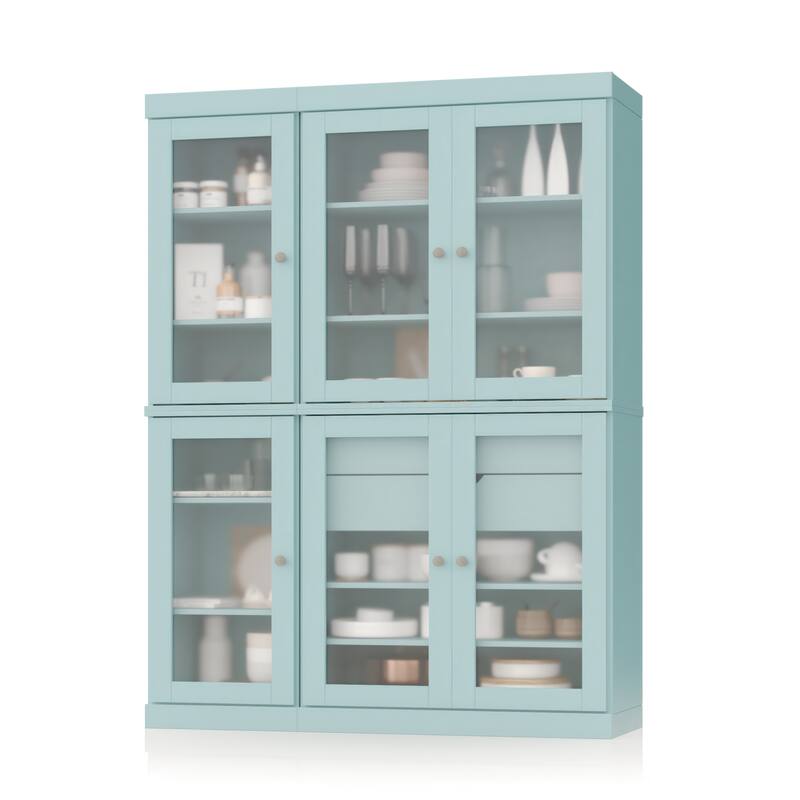 100% Solid Wood 48.5" Pantry Cabinet with Frosted Glass Doors and 2-Drawers