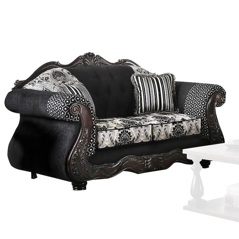 Loveseat with Scalloped Crown Top Back and Damask Pattern, Gray