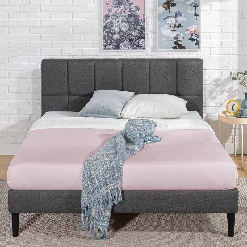 Modern Upholstered Platform Bed with Square-Stitched Headboard Low Profile Bed Frames Grey