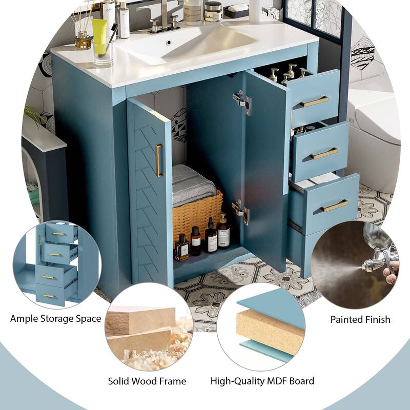 36" Bathroom Vanity with Ceramic Sink - Solid Wood, 3 Soft-Close Drawers, Storage Cabinet