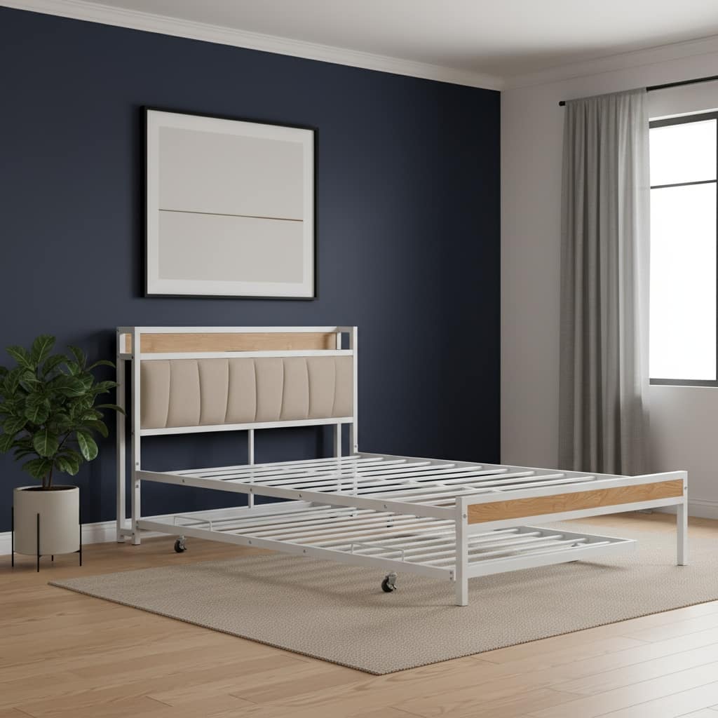 HomeRoots White Metal Full Bed Frame With Trundle