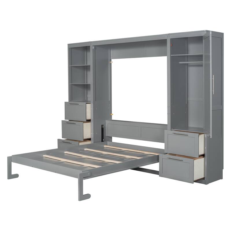 Space-Saving Queen Murphy Bed with Closet, Drawers & Shelves in Gray/White