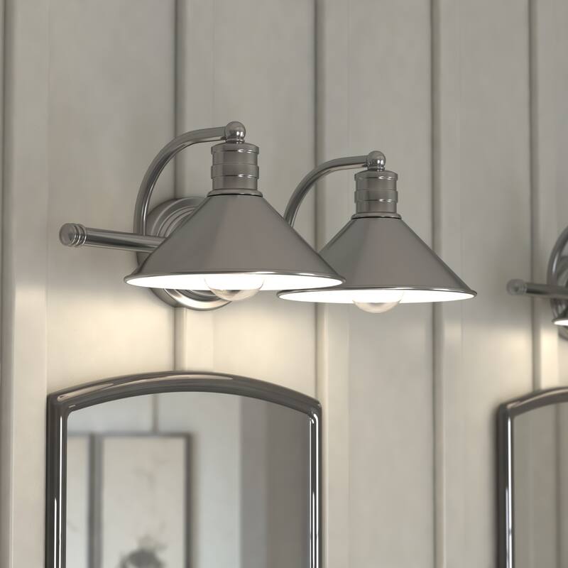 Akron 2 Light Farmhouse Barn Bathroom Vanity Fixture - Satin Nickel and Matte White - 18-in W x 6.25-in H x 10-in D