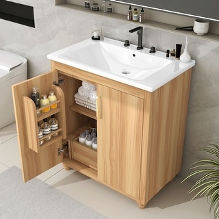 Classic 30" Freestanding Bathroom Vanity with Ceramic Sink, Stainless Steel Hinges & Adjustable Shelf by GDFStudio